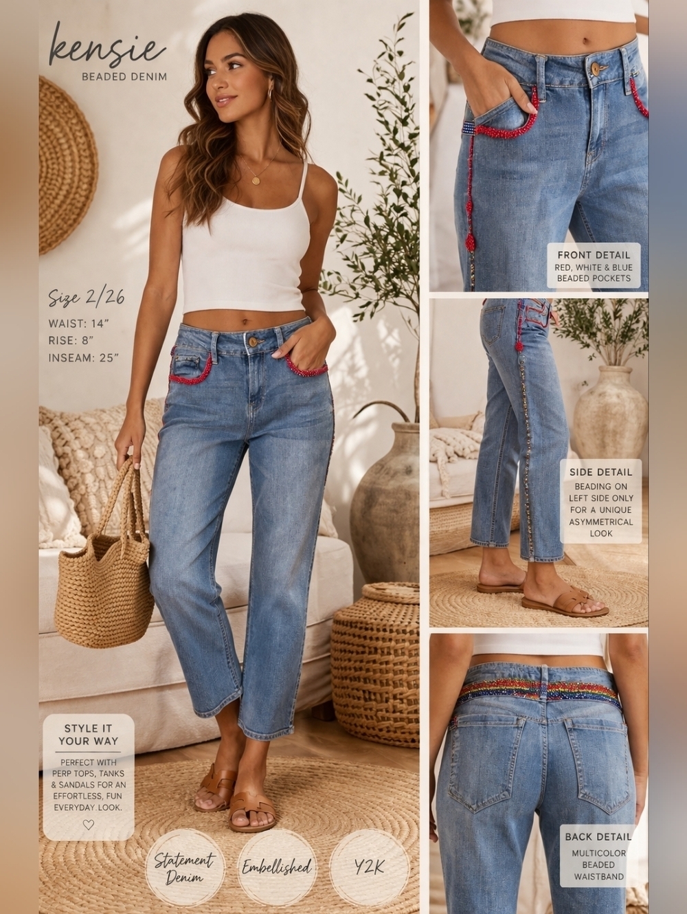Kensie Asymmetrical Beaded Jeans Cropped Denim Red White Blue Size 2